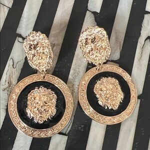 Gold and Black Lion Medallion Earrings